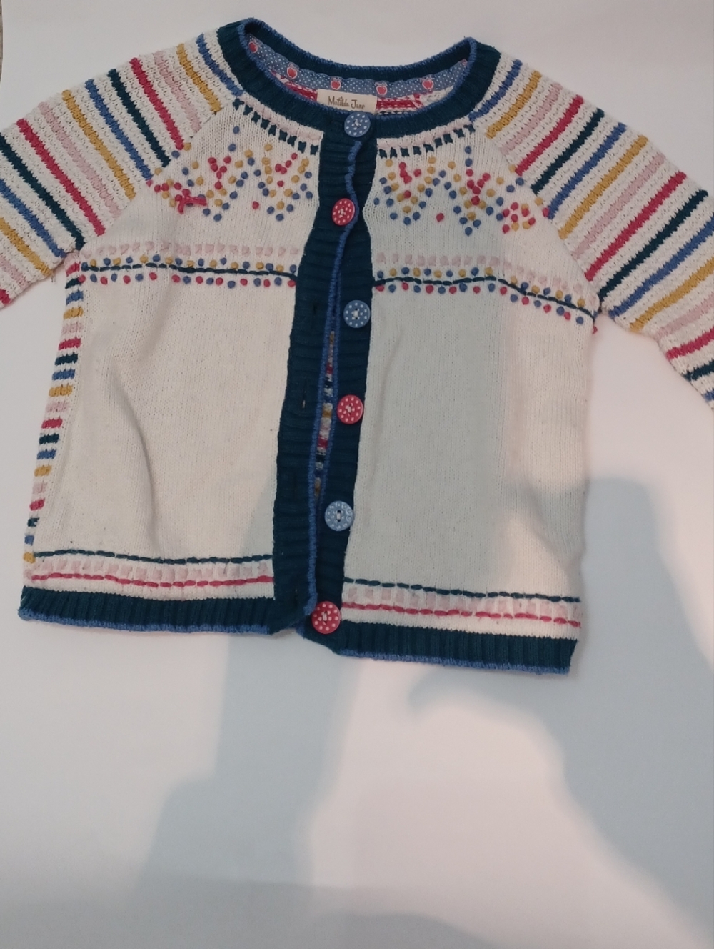 Matilda Jane Cream Cardigan with Navy Trim and Multicolor Stripes - Picture 1 of 3